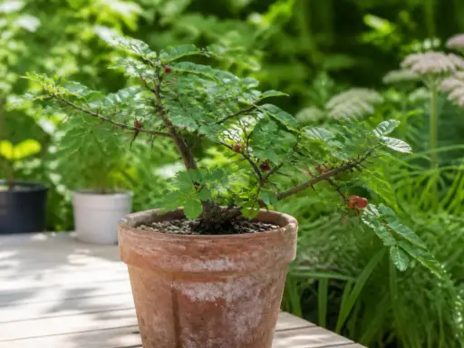 Un jeune poivrier du Sichuan en pot, avec ses petites baies rouges, se dresse sur une terrasse en bois, entouré de verdure luxuriante.