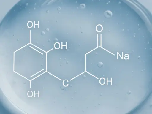 Struktura chemiczna hialuronianu sodu na niebieskim tle z pęcherzykami powietrza.