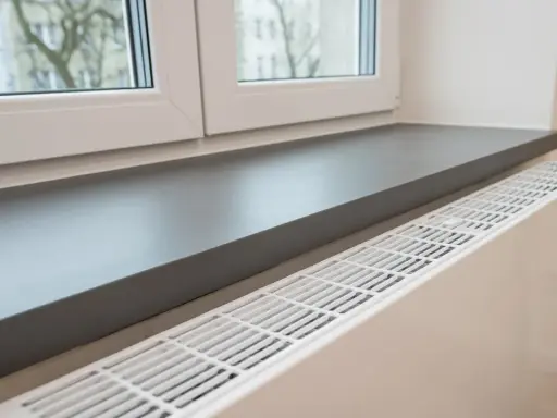 Ciemnoszary parapet idealnie komponuje się z białymi oknami, tworząc nowoczesną aranżację wnętrza.