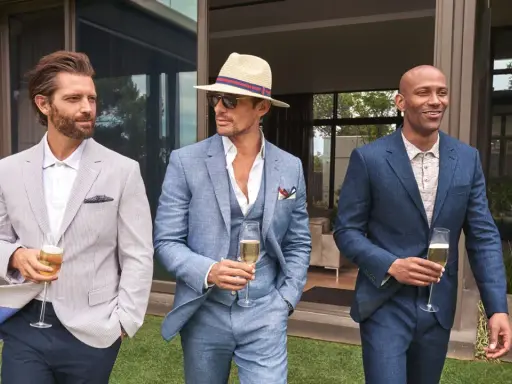 Stylish men in suits and blazers, perfect for ideas on what to wear to a wedding men. They hold champagne glasses.
