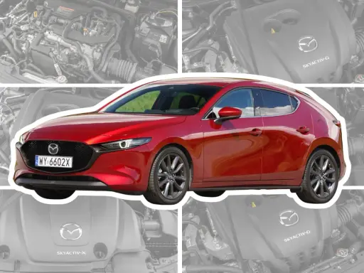 Czerwona Mazda 3 Skyactiv z widocznym silnikiem.