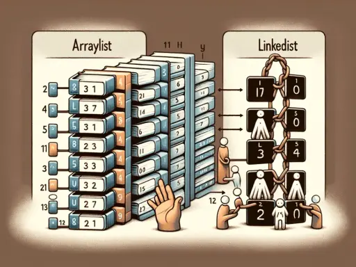 Porównanie ArrayList i LinkedList w Javie. ArrayList to stos książek, LinkedList to łańcuch ludzi.