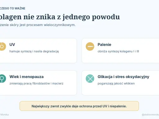 Czynniki niszczące kolagen w organizmie: UV, palenie, wiek, menopauza, glikacja i stres oksydacyjny. Ochrona przed UV i niepalenie to klucz do zachowania kolagenu.