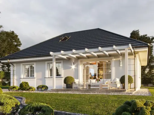 Nowoczesny dom 70m2 wnetrze z tarasem i pergolą, otoczony zielenią.