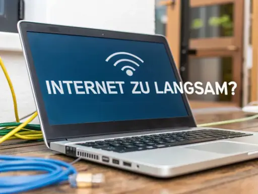 Laptop mit der Frage "INTERNET ZU LANGSAM?" und vielen Kabeln. Vielleicht liegt es daran, warum ist das Internet so langsam?