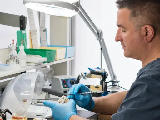 Pracownia technika dentystycznego. Precyzyjna praca nad protezą, która wpływa na technik dentystyczny zarobki.