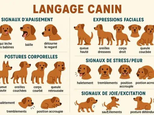 Illustration du langage corporel du chien : signes d'apaisement, expressions faciales, postures, stress/peur et joie/excitation.