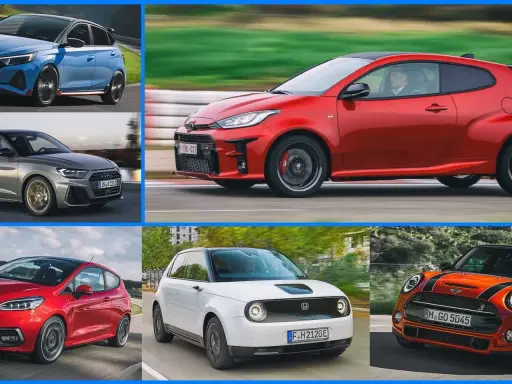 Comparativa de coches segmento b: azul deportivo, gris elegante, rojo agresivo, blanco eléctrico y naranja icónico.