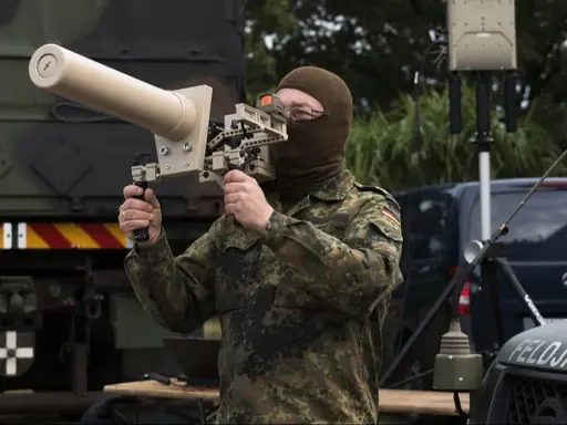 Soldat mit Drohnenlizenz trainiert mit einem Richtfunkgerät, das zur Steuerung von Drohnen dient.