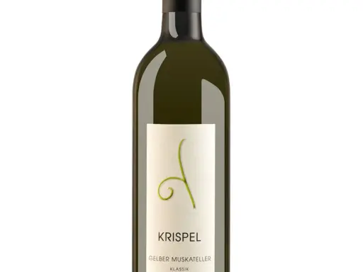 Flasche Krispel Gelber Muskateller. Ein Wein mit feinem Muskateller Geschmack, der an frische Blüten und Zitrusfrüchte erinnert.