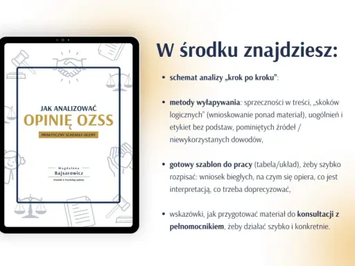 Na tablecie widoczna okładka poradnika "Jak analizować opinię OZSS". W środku schemat analizy, metody wyłapywania błędów i gotowy szablon.
