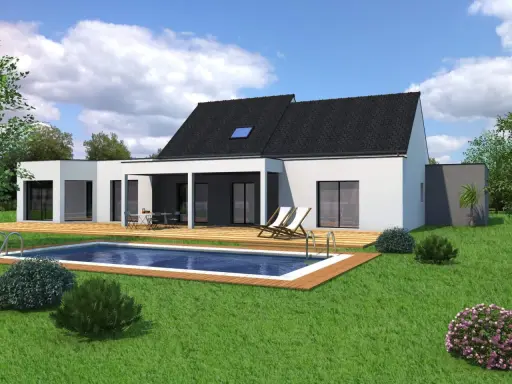 Vue 3D d'un plan maison 200m2 moderne avec piscine et terrasse en bois.