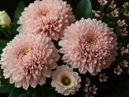 En bukett med rosa snittblommor, inklusive stora, fluffiga blommor och mindre, delikata blommor, samt en vit ros.