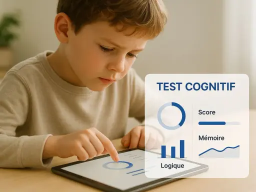 Un enfant concentré sur une tablette, effectuant un test cognitif. Il ressemble à un petit zèbre, explorant son potentiel.