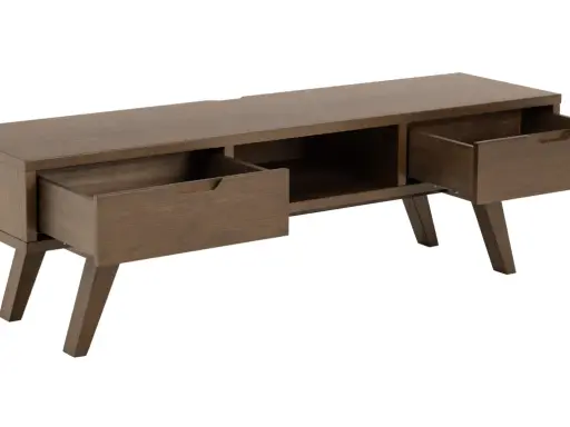 Mörkbrun tv möbel från IKEA med två utdragna lådor och öppen förvaring.