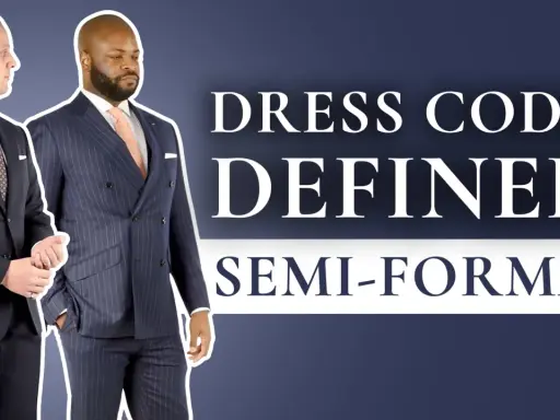 Two men in suits stand side-by-side, with text overlaying the image defining "SEMI-FORMAL" dress codes.