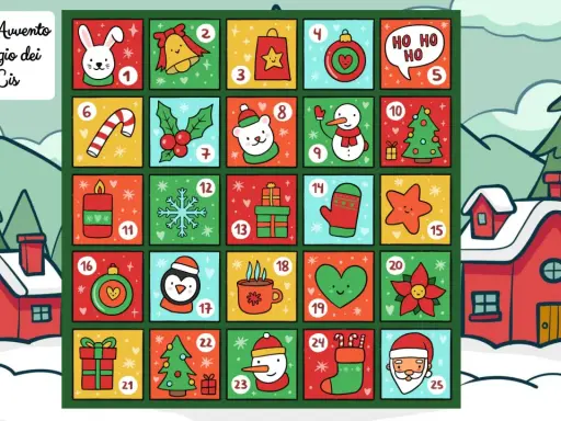 Un colorato calendario avvento interattivo con 25 caselle, ognuna con un simbolo natalizio e un numero. Sullo sfondo, casette innevate e alberi.