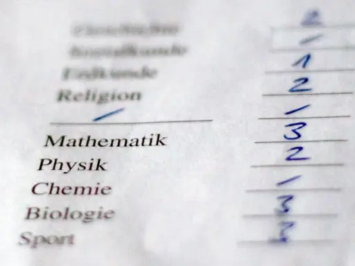 Schulzeugnis mit Fächern wie Mathematik, Physik, Chemie, Biologie und Sport. Die Noten sind teilweise unleserlich, aber eine 7-Punkte-Note ist erkennbar.