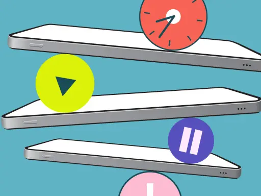 Trois téléphones empilés, symbolisant comment arrêter les écrans. Icônes de lecture, pause et horloge.