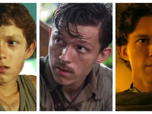 Tre bilder på Tom Holland i olika filmer. Från ung pojke till vuxen man, en resa genom hans filmer.