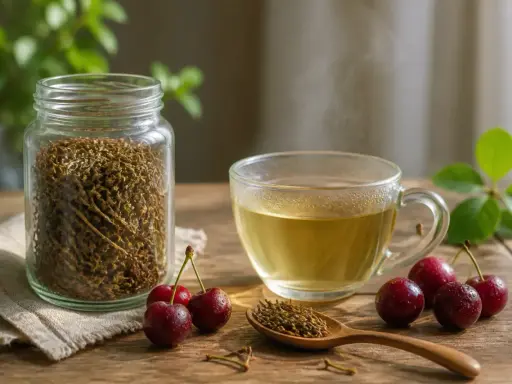 Infusion de queue de cerise, ses bienfaits pour la santé sont reconnus. Une tasse fumante à côté d'un bocal rempli de queues de cerises séchées.