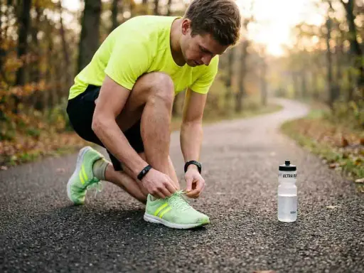 Ein Mann bindet sich die Schnürsenkel seiner Laufschuhe, bereit für eine Runde morgens oder abends joggen im Herbstwald.
