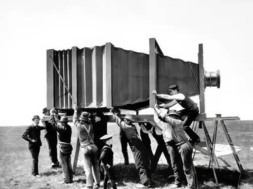 Grupa mężczyzn w historycznych strojach ustawia gigantyczny aparat fotograficzny. Wyobraź sobie, kiedy wynaleziono aparat fotograficzny i jak wielkie musiały być pierwsze urządzenia!