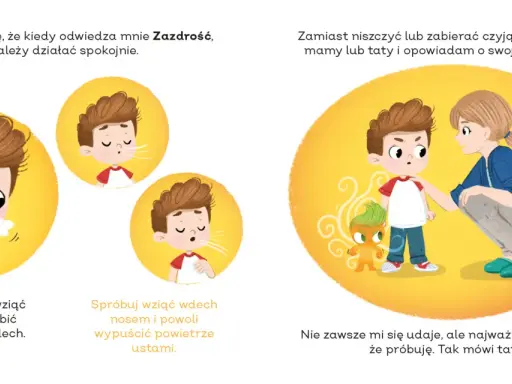 Chłopiec uczy się, jak nie być zazdrosnym: ćwiczy spokojne oddechy i rozmawia z mamą.