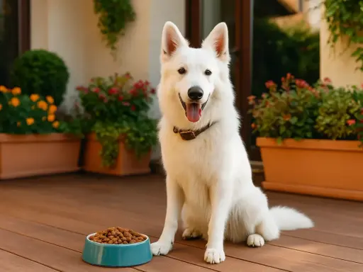 Berger blanc suisse attendant patiemment ses croquettes.