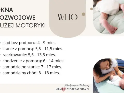 Okna rozwojowe dużej motoryki wg WHO: siad, stanie, raczkowanie, chodzenie. Obrazek pokazuje niemowlęta i listę kamieni milowych.