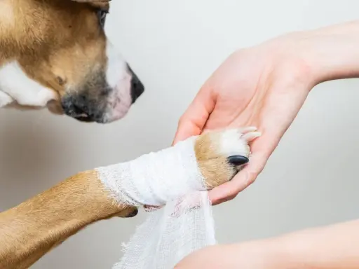 Pies z zabandażowaną łapą, która wymagała zastosowania Sudocremu na zacieki. Opiekun delikatnie opatruje ranę.