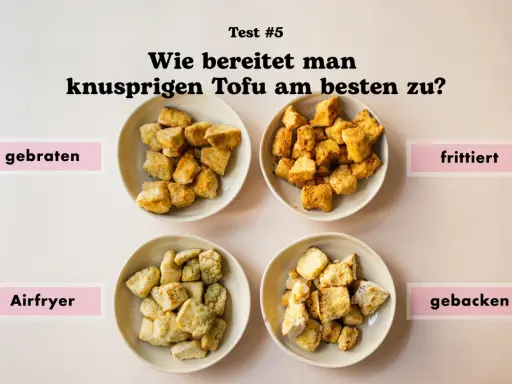 Vier Schalen mit knusprigem Tofu: gebraten, frittiert, aus dem Airfryer und gebacken. Ein Test zeigt, wie man Tofu am besten zubereitet.