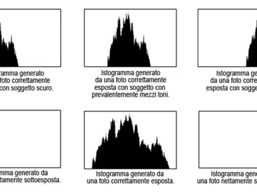 Sei grafici mostrano un istogramma foto per diverse esposizioni: soggetto scuro, mezzi toni, soggetto chiaro, sottoesposta, corretta e sovraesposta.
