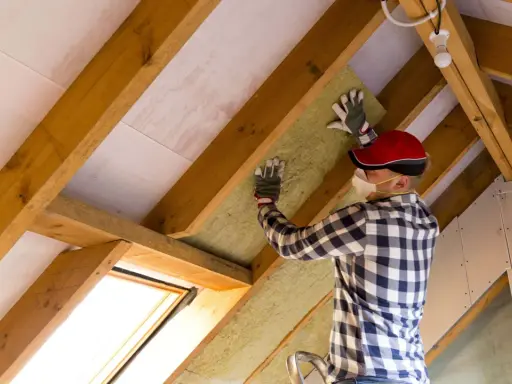 Uomo con mascherina e guanti installa materiale isolante tra le travi di legno di un sottotetto. È chiaro che conviene isolare il sottotetto per migliorare il comfort.