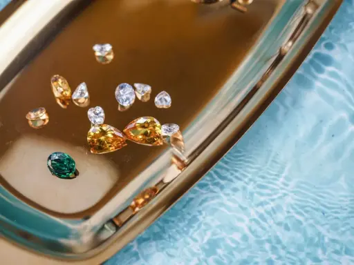 Un singolo zaffiro accento verde smeraldo risalta tra diamanti e pietre color miele su un vassoio dorato, riflettendo la luce.