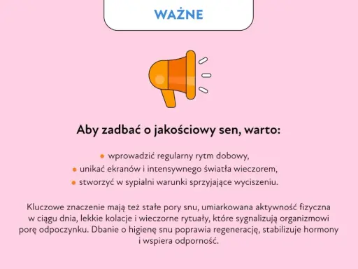Grafika z megafonem i tekstem o higienie snu. Kluczowe dla regeneracji i odporności są stałe pory snu, by uniknąć problemów z drzemką.