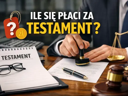 Ile kosztuje spisanie testamentu u notariusza? Na biurku notariusza dokument, pieczęć, waga sprawiedliwości i okulary.