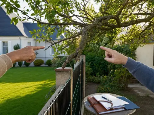 Deux voisins se disputent, pointant du doigt une branche d'arbre qui dépasse. Mon voisin refuse de couper ses branches.
