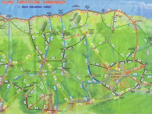 Mapa turystyczna Karkonoszy z zaznaczonymi szlakami. Widać tu m.in. Szklarską Porębę, Śnieżne Kotły i Szrenicę.