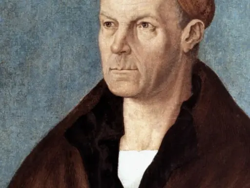 Porträt von Hans Fugger, einem wohlhabenden Kaufmann, mit ernstem Blick und braunem Mantel vor blauem Hintergrund.