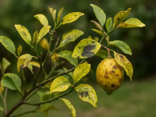 Un citronnier aux **oranger feuilles jaunes** et tachées de noir, avec un fruit mûr pendant à une branche.