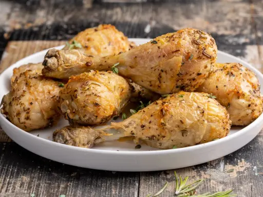 Cosce di pollo dorate e succulente, cotte alla perfezione nella friggitrice ad aria, guarnite con erbe aromatiche fresche.