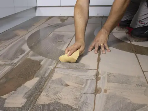 Man limpiando suelo porcelánico con una esponja. El suelo tiene un diseño de madera y un patrón curvo.