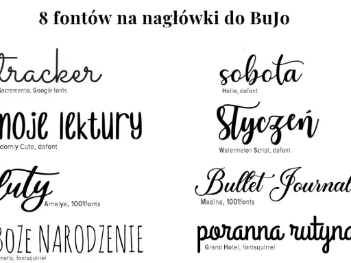 8 fontów do BuJo: tracker, moje lektury, buty, Boże Narodzenie, sobota, Styczeń, Bullet Journal, poranna rutyna. Różnorodne **kaligraficzne pismo** i inne style.