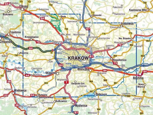 Mapa pokazuje Kraków i okoliczne miejscowości, takie jak Olkusz, Trzebinia, Alwernia, Skawina, Wieliczka, Niepołomice, Bochnia, Myślenice.
