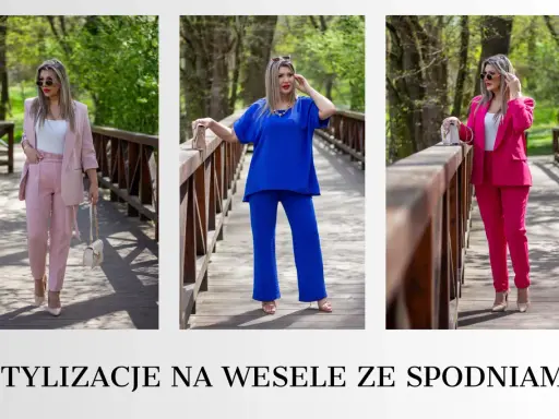 Eleganckie, gotowe stylizacje na wesele ze spodniami: różowy garnitur, kobaltowy komplet i fuksjowy garnitur.