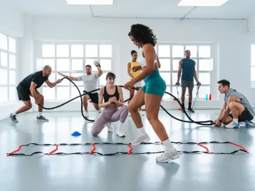 Gruppe trainiert mit Seilen und Leiter. Ein Mann erklärt den **hiit laufen plan**.