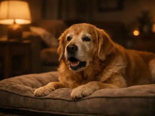 Un vieux chien golden retriever, allongé sur son coussin, semble avoir un **chien qui tousse**. La lumière tamisée d'une lampe crée une atmosphère chaleureuse.