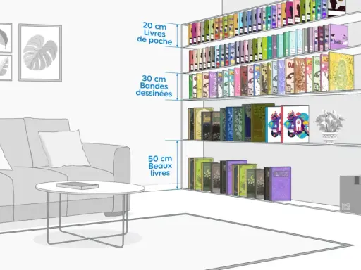 Illustration montrant comment fabriquer une bibliothèque pour livres de poche, avec des étagères de différentes hauteurs pour livres de poche, BD et beaux livres.