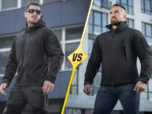 Dwóch mężczyzn prezentuje jaki softshell. Jeden w ciemnej kurtce z kapturem i spodniach taktycznych, drugi w czarnej kurtce i jeansach.